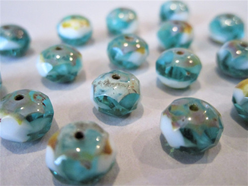 Teal white picasso 8x6mm faceted rondelle Czech glass beads