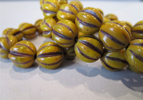 Yellow gold brown wash 5mm melon Czech glass beads