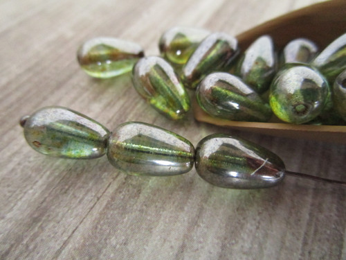 Lumi green 10x6mm teardrop Czech glass beads