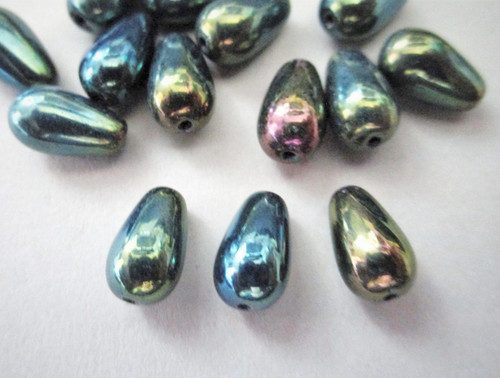 Metallic green iris 10x6mm teardrop Czech glass beads