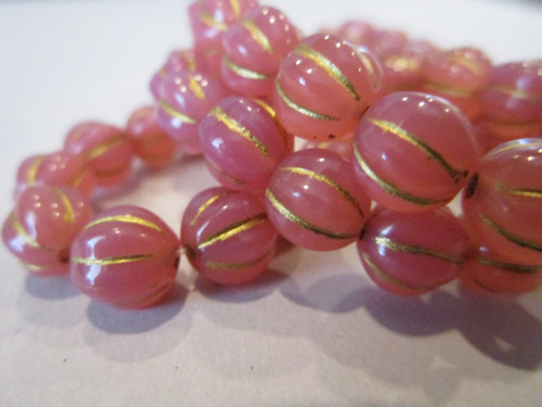 Pink dusty rose with gold wash 8mm melon Czech beads