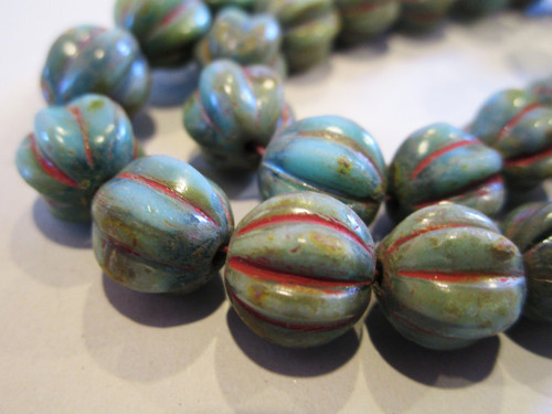 Green picasso 10mm melon Czech glass beads