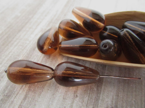 Smoke topaz brown 15x8mm teardrop Czech glass beads