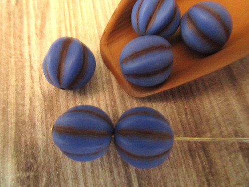 Indigo blue brown wash 12mm melon Czech glass beads