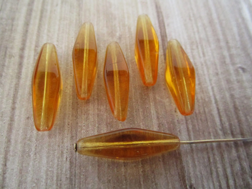 Amber brown 24x9mm elongated bicone Czech glass beads