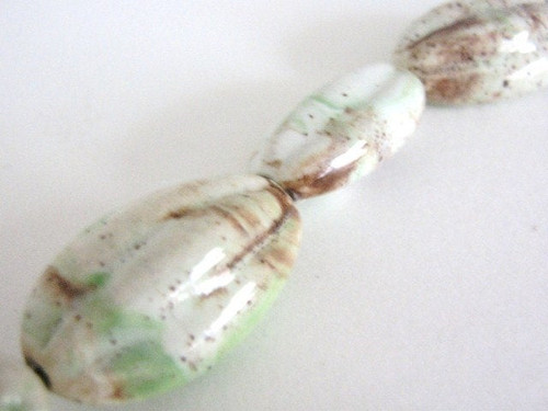 Marbled white brown green 26x15mm fluted oval porcelain beads