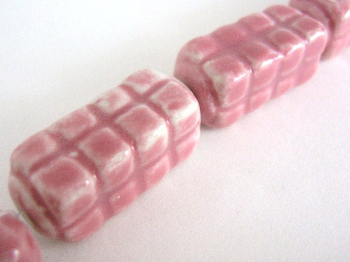 Pink 30x13mm rectangle carved porcelain beads