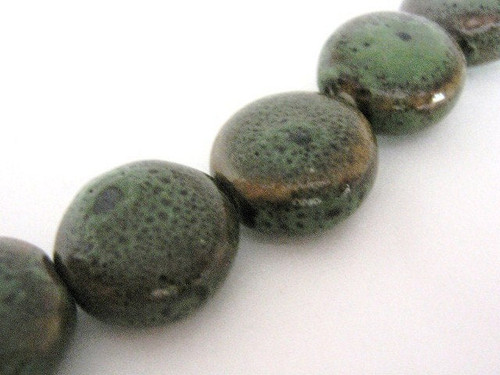 Green brown 14mm coin porcelain beads flat round