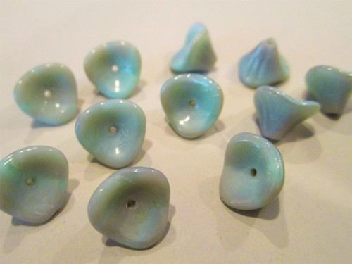 Blue seafoam gray 12x10mm 3 petal flower Czech beads