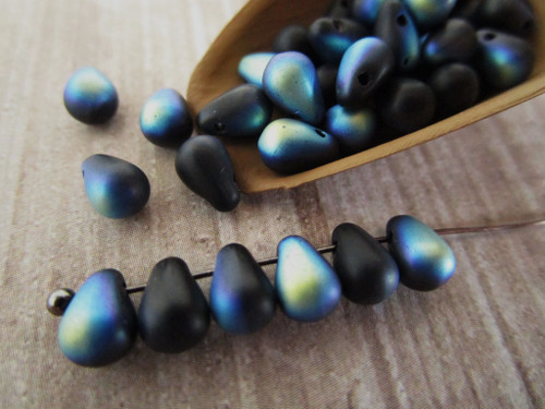 Matte jet ab black 4x6mm teardrop Czech glass beads