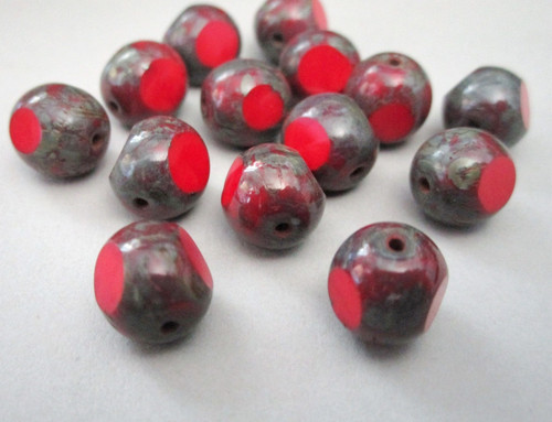 Red picasso 10mm 3 cut round Czech glass beads