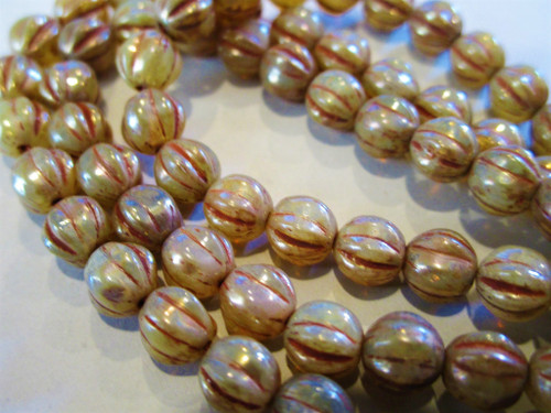Brown Green 6mm melon Czech glass beads