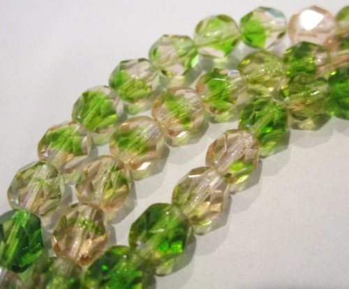 Green pink 6mm faceted round Czech glass beads