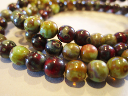 Green red picasso 6mm round druk Czech glass beads