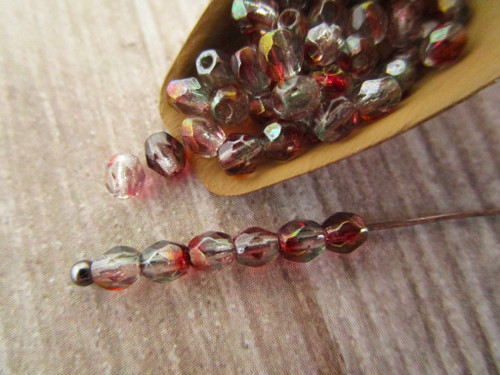 Pink crystal luster 3mm faceted round Czech glass beads