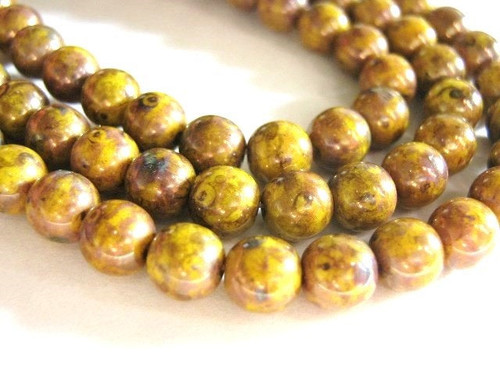 Yellow bronze picasso 6mm round Czech glass bead