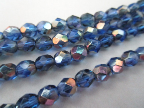 Blue celsian 6mm faceted round Czech glass beads