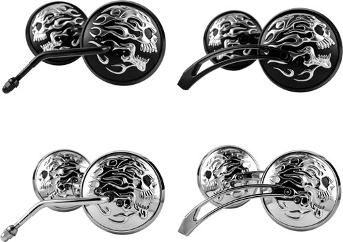 Black Flaming Skull Mirror W/Stainless Steel Stem Black Flaming Skull Mirror W/Stainless Steel Stem
