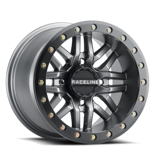 Raceline A91G Ryno 15x10in/4x156 BP/0mm Offset/132.5mm Bore - Gunmetal & Black Ring Beadlock Wheel