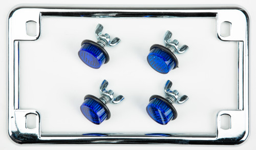 License Plate Frame W/4 Blue Reflectors Chrome License Plate Frame W/4 Blue Reflectors Chrome