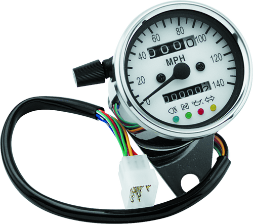 Bikers Choice 2.5 Inch Chrome 2:1 Universal Mini Speedo w LED Indicators White Face 140 Mph