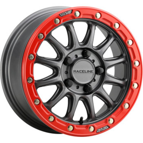Raceline A14GR Alpha 15x7in/4x137 BP/10mm Offset/110.18mm Bore - Gunmetal & Red Ring Beadlock Wheel