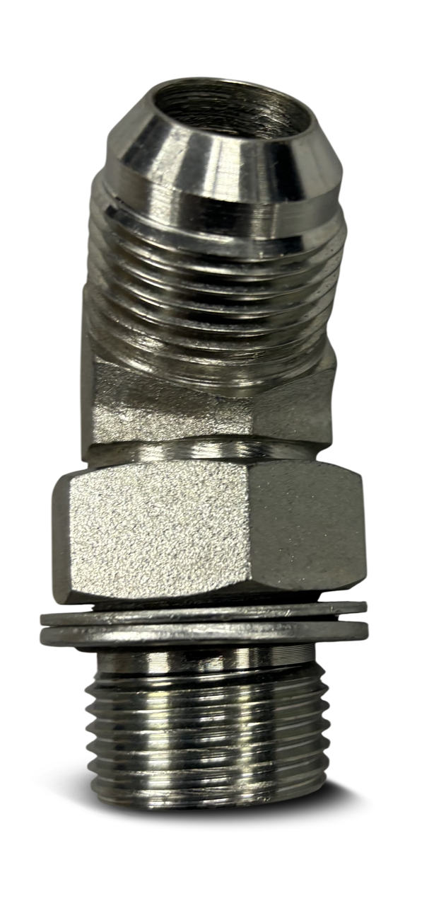 FITTING-M27X2.0 ADJUSTABLE MALE ORING X #12 MALE JIC, 45 DEGREE ELBOW, PLATED STEEL