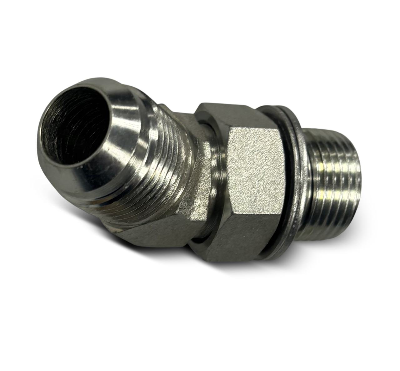 FITTING-M27X2.0 ADJUSTABLE MALE ORING X #12 MALE JIC, 45 DEGREE ELBOW, PLATED STEEL