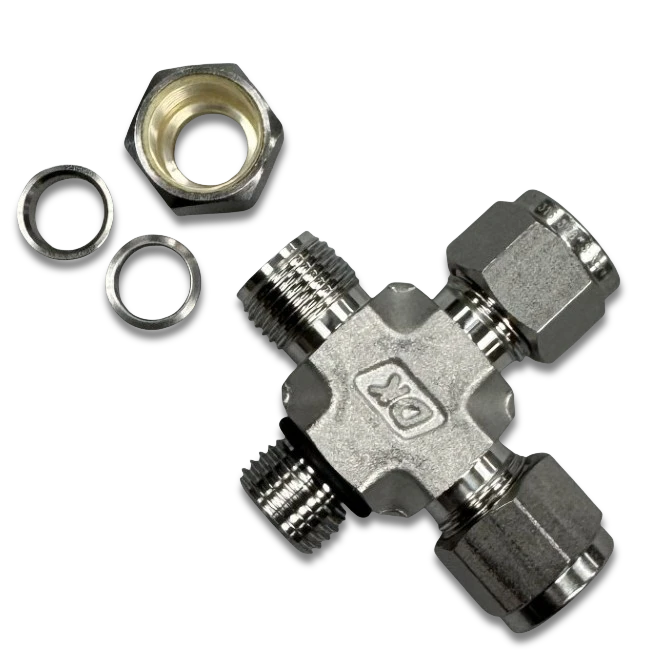 FITTING-FOUR-WAY, CNG 9/16-18UNF X 3/8" x 3/8" X 3/8" COMPRESSION