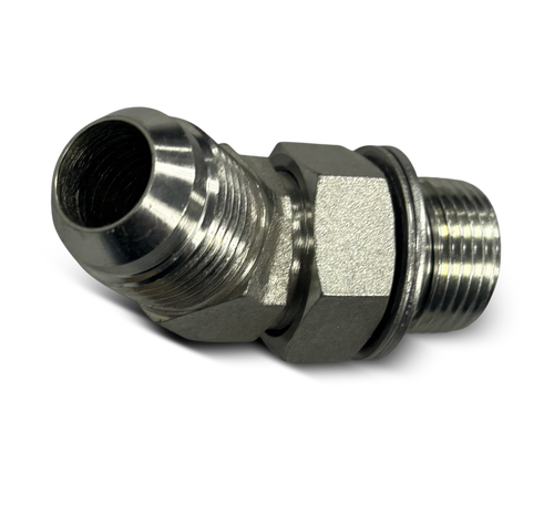 FITTING-M27X2.0 ADJUSTABLE MALE ORING X #12 MALE JIC, 45 DEGREE ELBOW, PLATED STEEL