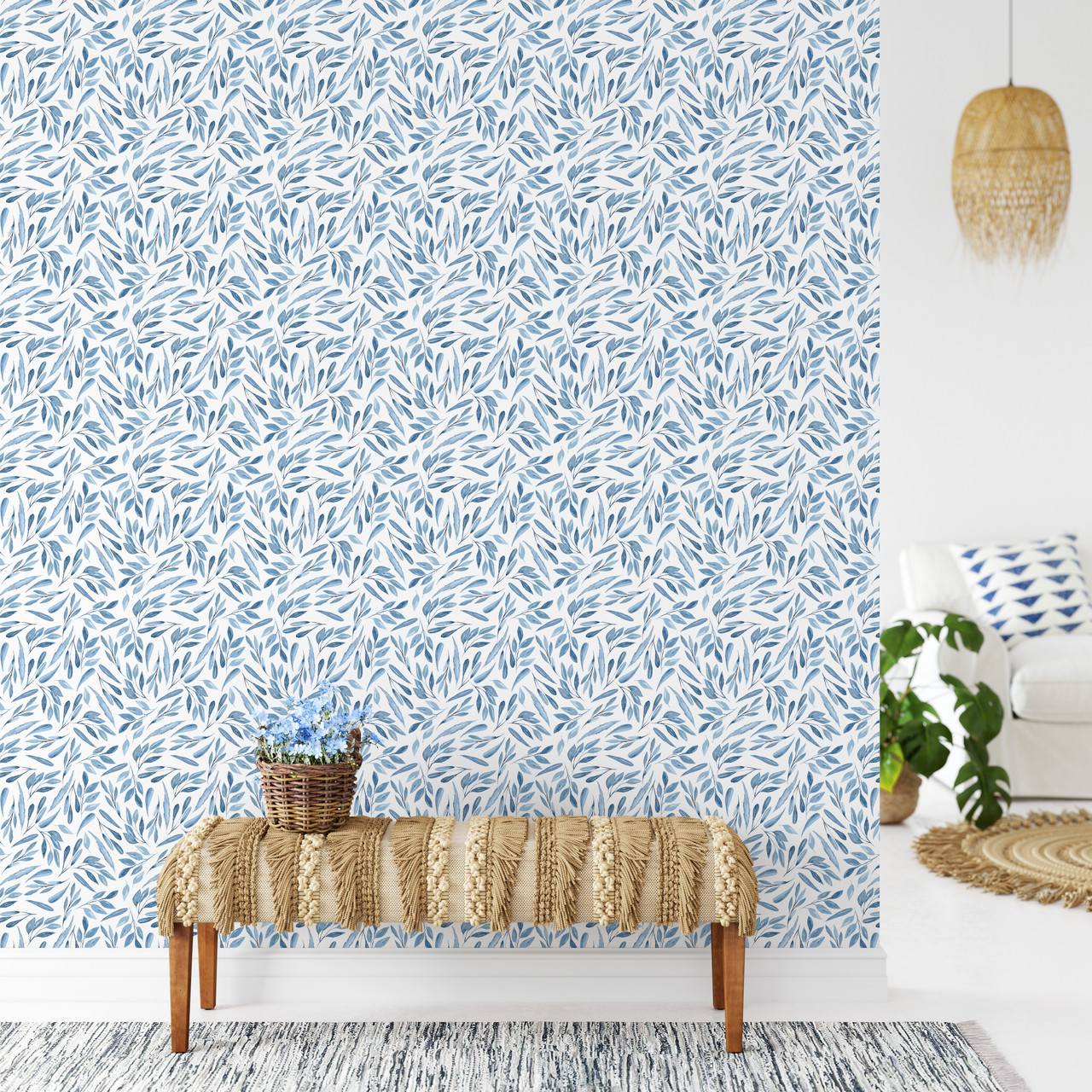 MODERN LARGE SCALE FLORAL BLUE AND WHITE PEEL AND STICK WALLPAPER