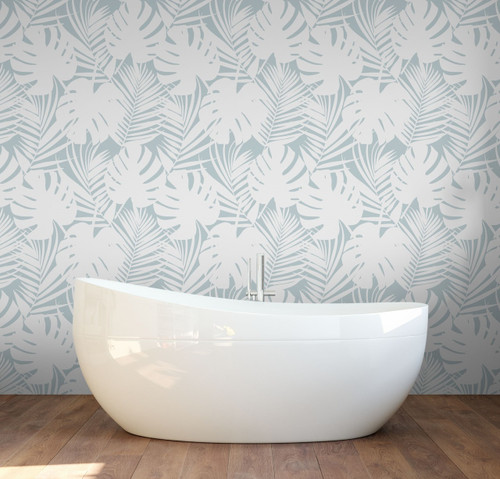 palm leaf wallpaper in a bathroom