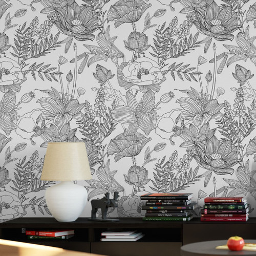 Black and White Floral Peel and Stick Wallpaper - Paperbird