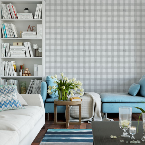 Gray gingham living room wallpaper 