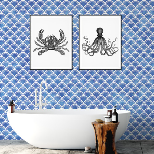 Bathroom with blue wallpaper and bathtub