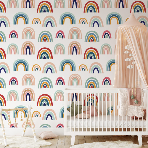 Whimsical Watercolor Rainbows Peel and Stick Wallpaper by Paperbird Home with soft pastel colors, ideal for creating a cheerful and creative kids' playroom or nursery.