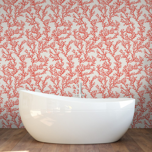 coral wallpaper in bathroom