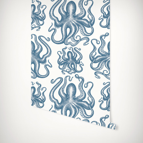 Octopus wallpaper panel hanging halfway on the wall. 