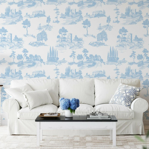Coastal living room with blue toile wallpaper