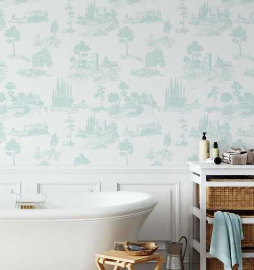 Paperbird Home Classic Toile Peel and Stick Wallpaper in a traditional blue and white pastoral scene for a vintage-inspired dining room or nursery wall.
