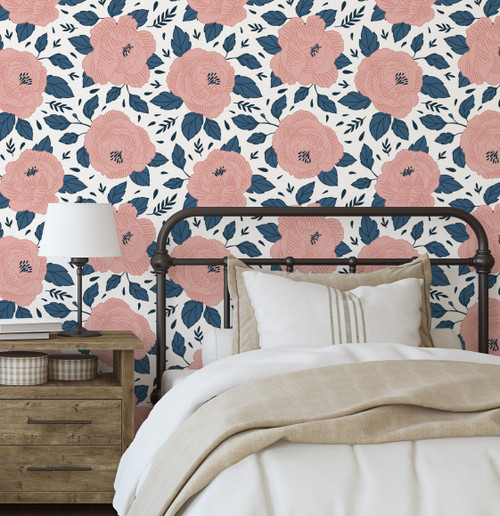 Navy and Pink Floral Peel and Stick Wallpaper