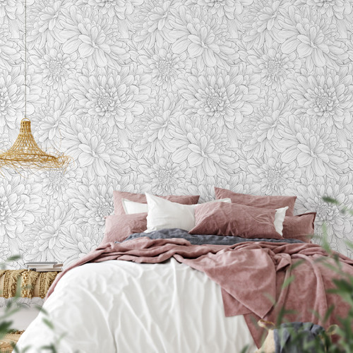hand drawn floral black and white wallpaper in a bedroom