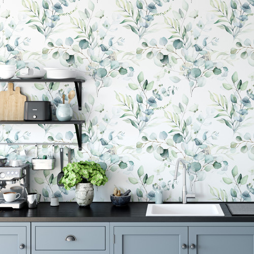 A kitchen with a sink and shelves with eucalyptus botanical wallpaper
