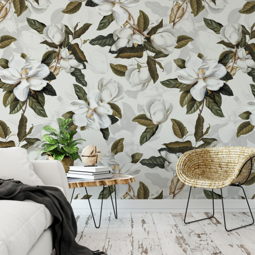 Southern Magnolia Flowers Peel and Stick Wallpaper by Paperbird Home featuring large white blooms and green leaves, perfect for the coastal farmhouse bathroom or bedroom feel.
