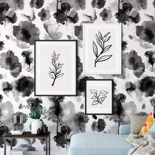 Black and white abstract floral wallpaper in a family room