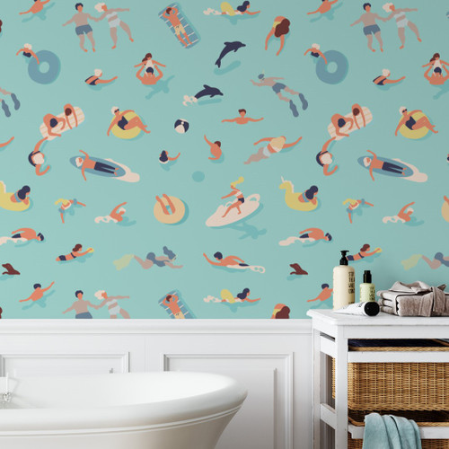 Whimsical Swimmers Peel and Stick Wallpaper by Paperbird Home featuring a playful summer beach theme, ideal for a lake house bathroom or kids' powder room.
