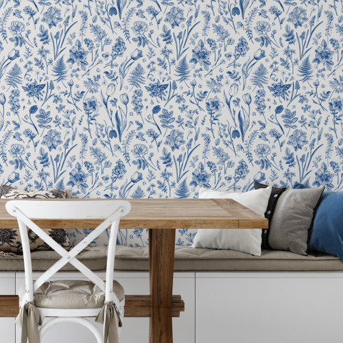 Eat in Kitchen with table and bench in front of floral botanical wallpaper