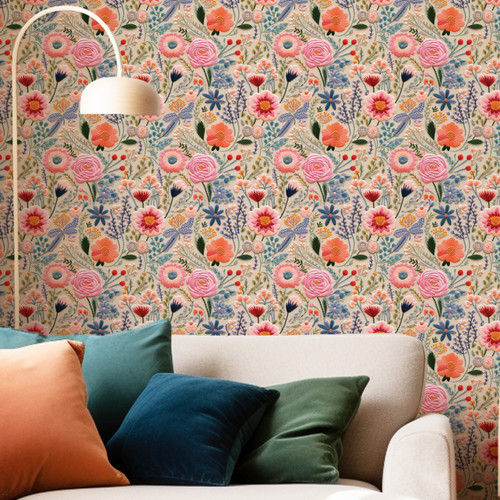 Faux Embroidery Floral Peel and Stick Wallpaper featuring a detailed pink and green stitched floral effect, Paperbird Home removable wallpaper for a girl’s bedroom