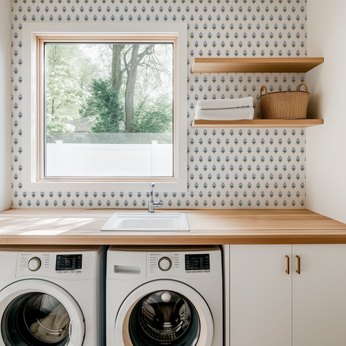 laundry room with block print wallpaper