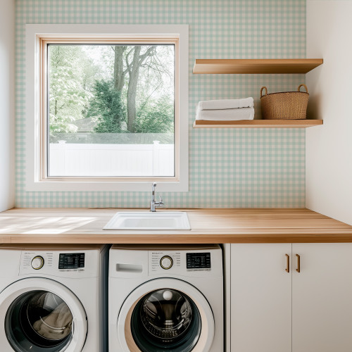 Small-scale Little Gingham Plaid Peel and Stick Wallpaper in a soft blue and white pattern, Paperbird Home decor for a farmhouse-style nursery or laundry room.